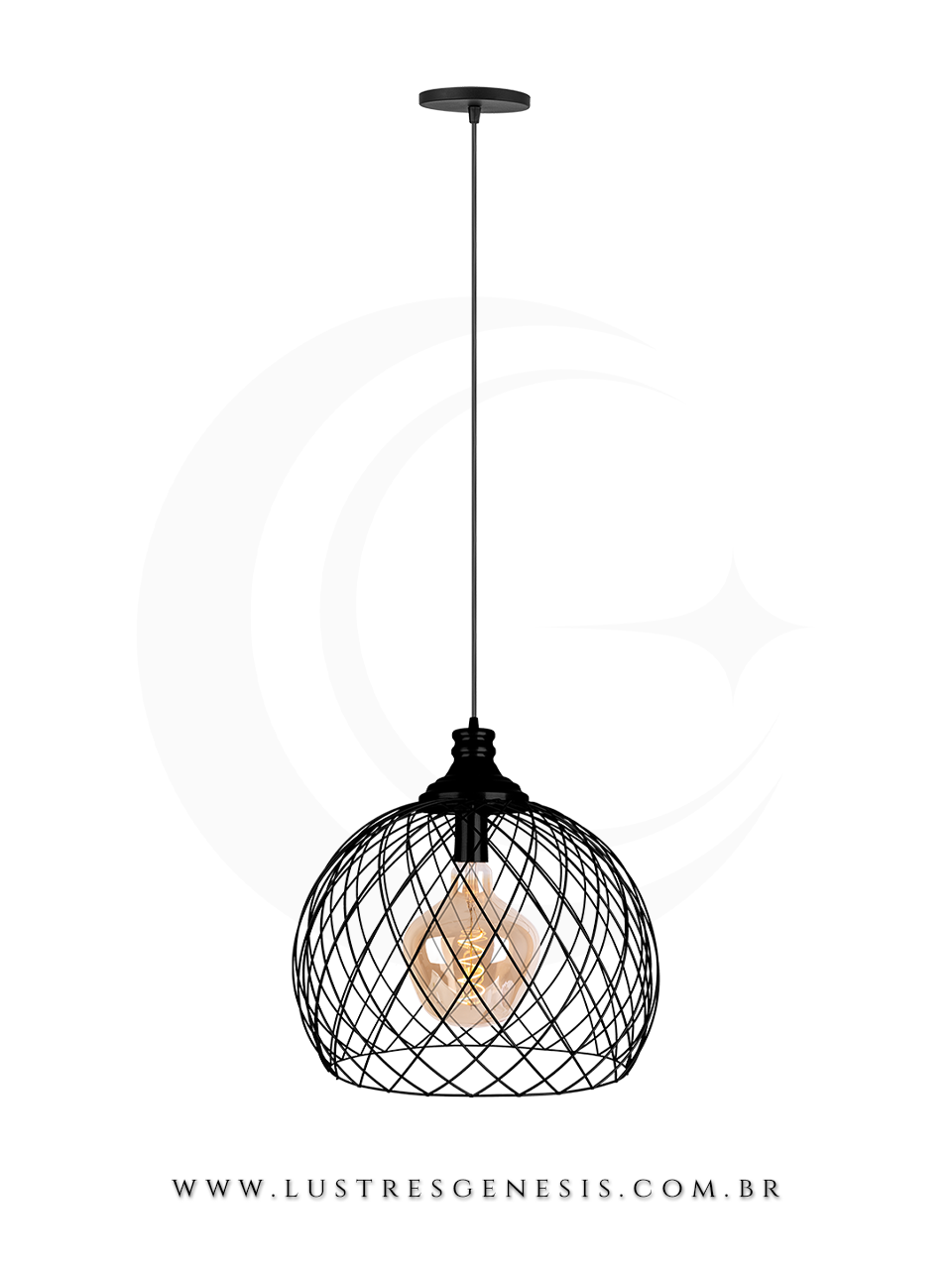 Luminária Pendente Industrial Aramado Preto Redondo Metal Para Bancada Cozinha Área Gourmet Sala de Estar Quarto Moderno